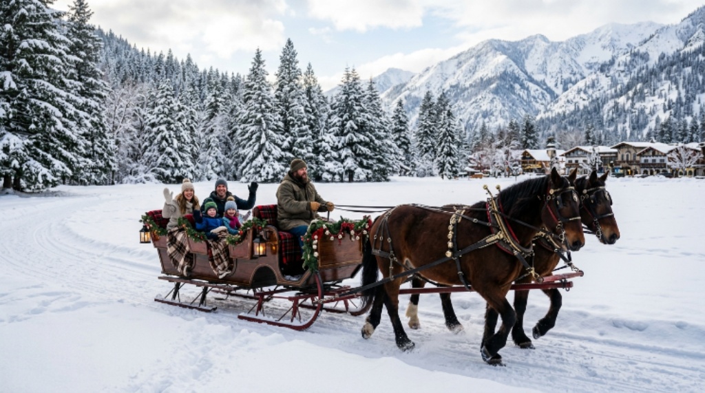 Horse-drawn sleigh ride through a snowy forest meadow near Leavenworth, Washington, during the winter holiday season