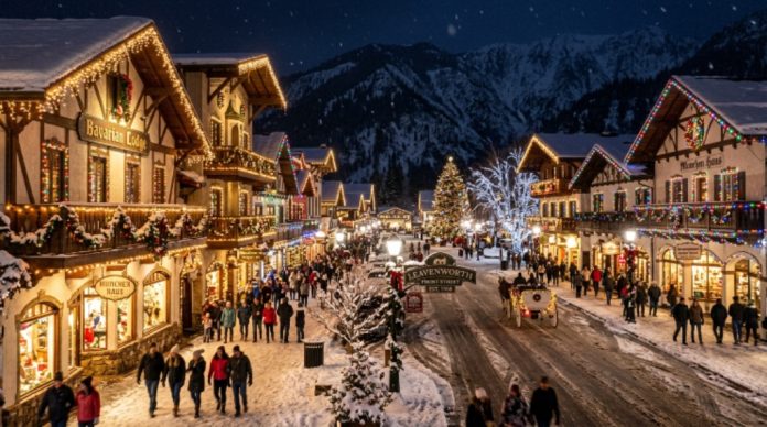 Half a million Christmas lights glowing on Bavarian-style buildings along Front Street in Leavenworth, Washington, at night in winter 2026