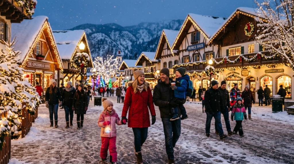 Families enjoying the Village of Lights festival in downtown Leavenworth, Washington, with snow-covered rooftops and holiday decorations