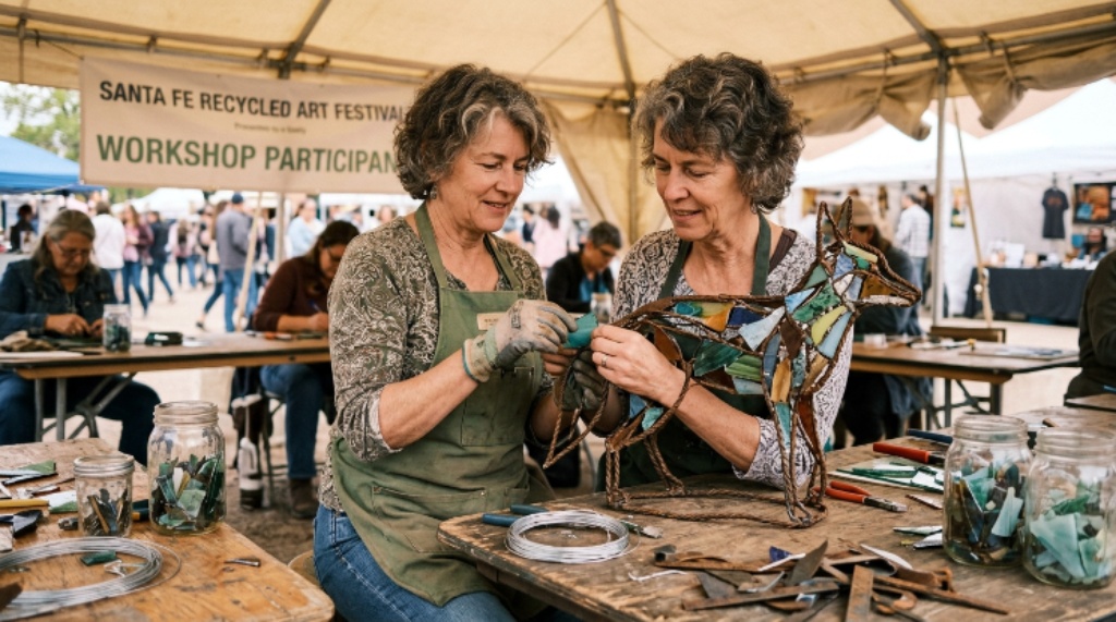 A workshop participant creating art from repurposed glass and metal at the Santa Fe festival