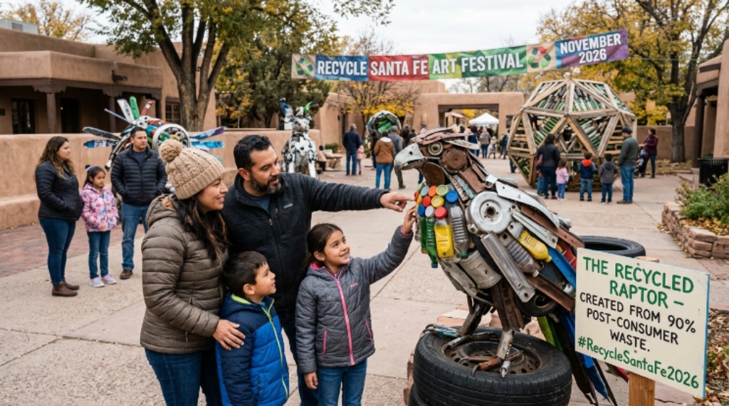 Families exploring sustainable art installations at the Recycle Santa Fe Art Festival in November 2026