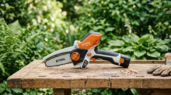 Compact battery-powered handheld chainsaw resting on a wooden workbench outdoors