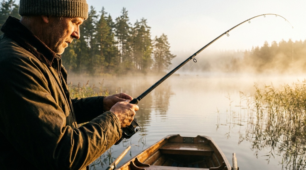 Flexible carbon fiber fishing rod bending under tension near the water surface.