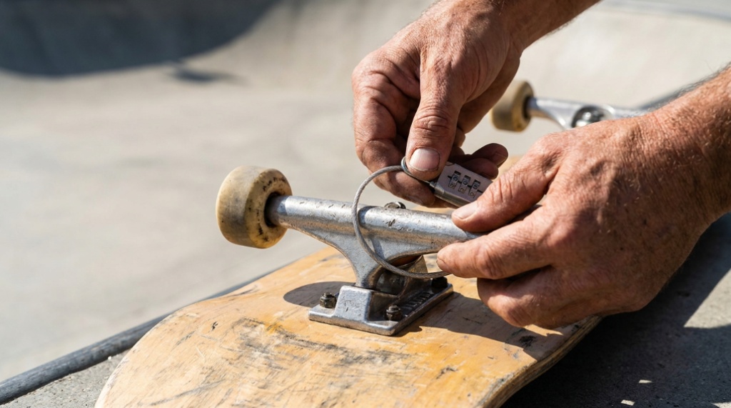 Hands threading a compact combination lock through skateboard trucks.
