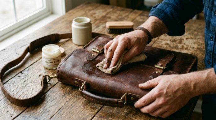 Hands applying conditioner to a brown genuine leather briefcase.