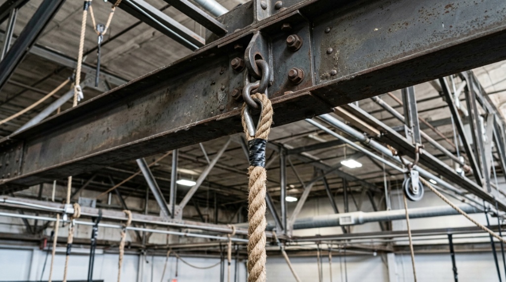 Thick natural fiber gymnastics rope anchored securely to a ceiling beam.