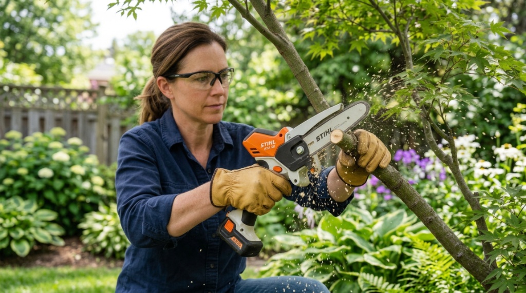 Person cutting a tree branch with a handheld cordless chainsaw