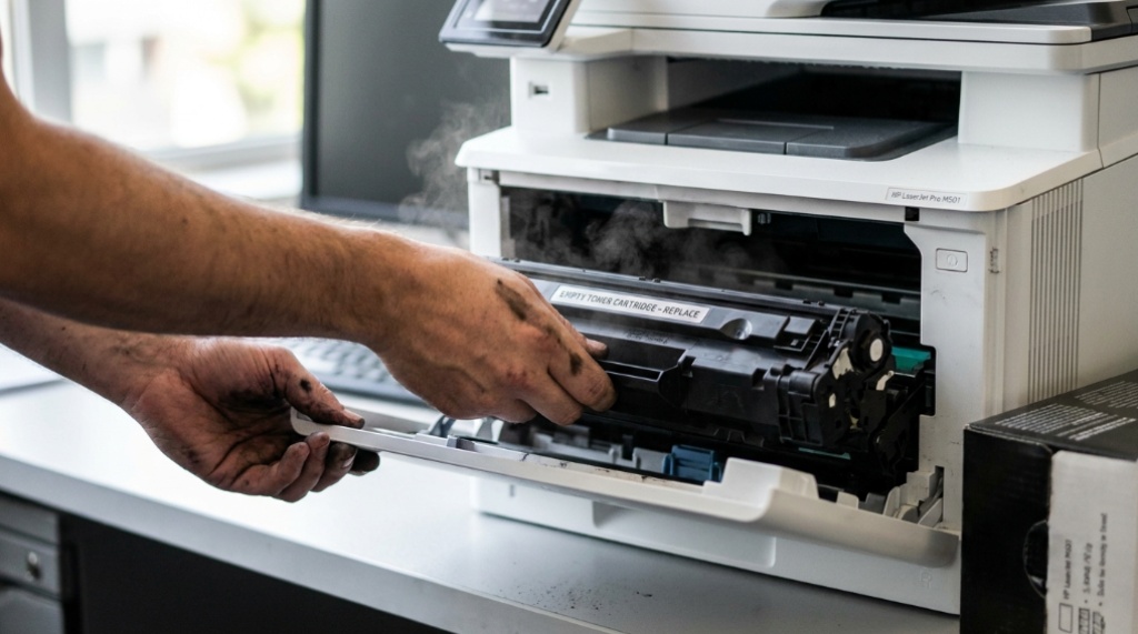 Office worker opening a color laser printer to install a new toner cartridge.