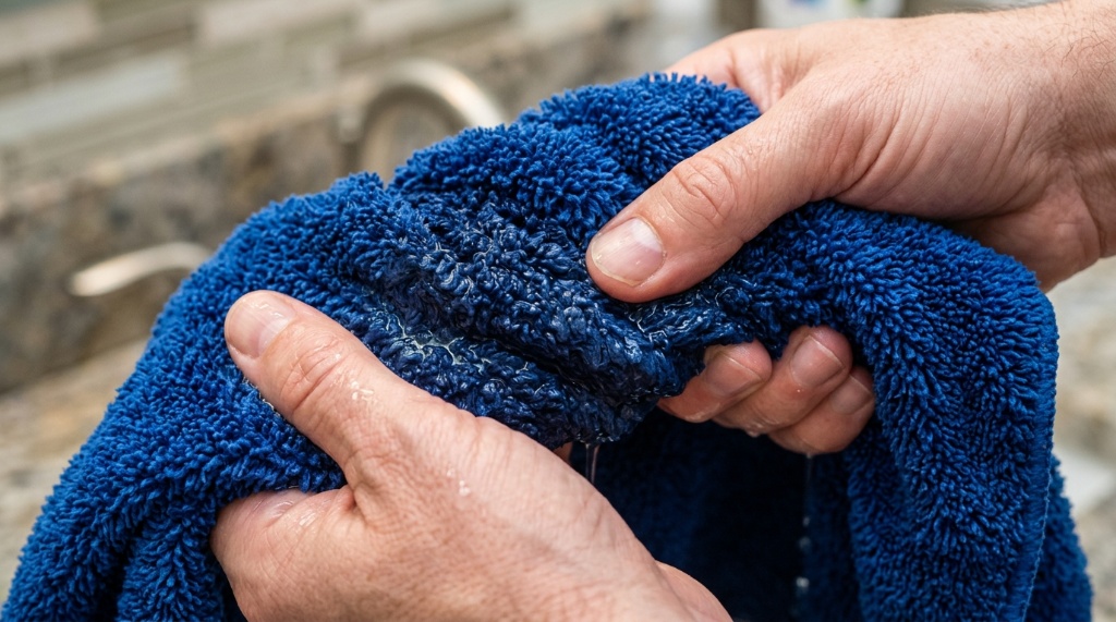 Close-up of plush absorbent fabric texture on a changing robe.
