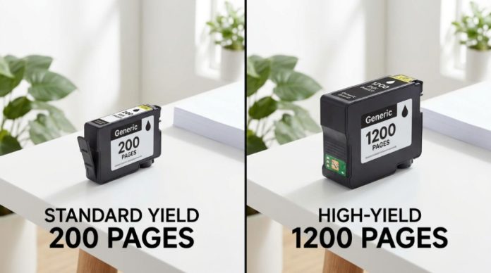 Standard and high-yield printer ink cartridges placed side-by-side on a wooden desk.
