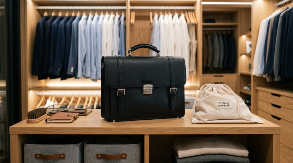 A black leather briefcase stored safely on a closet shelf.