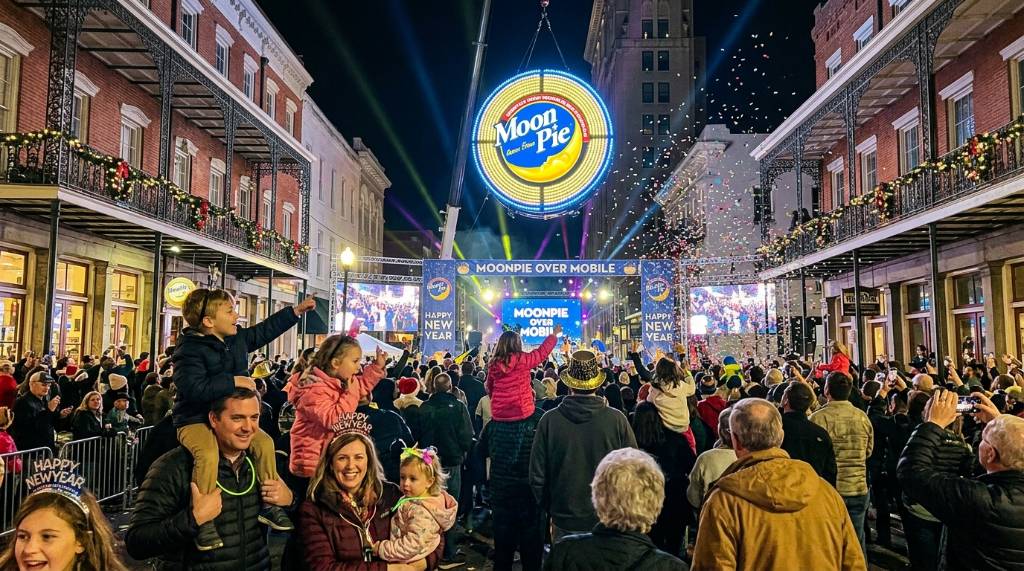 Families enjoying the early MoonPie drop at 8:00 PM during the MoonPie Over Mobile New Year's Eve festival in downtown Mobile