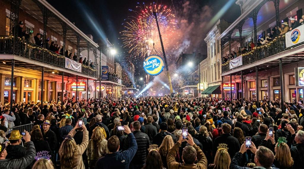 Crowds gathered along Dauphin Street in Mobile, Alabama, watching fireworks on New Year's Eve during the MoonPie Over Mobile event
