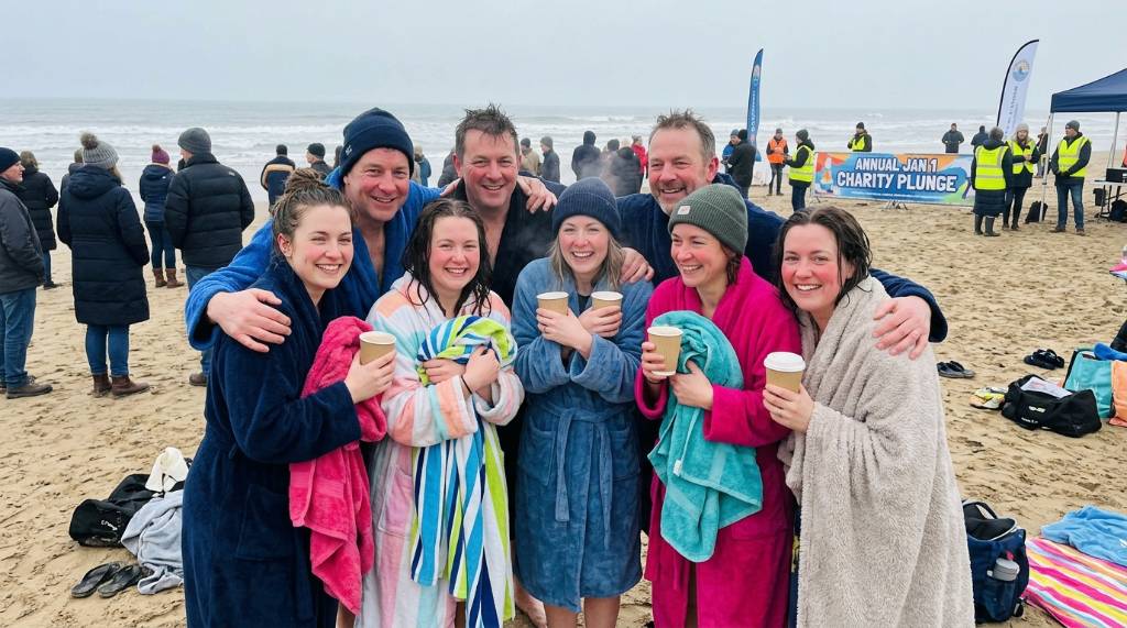Group of smiling people wrapped in towels and robes after completing a charity winter plunge on January 1