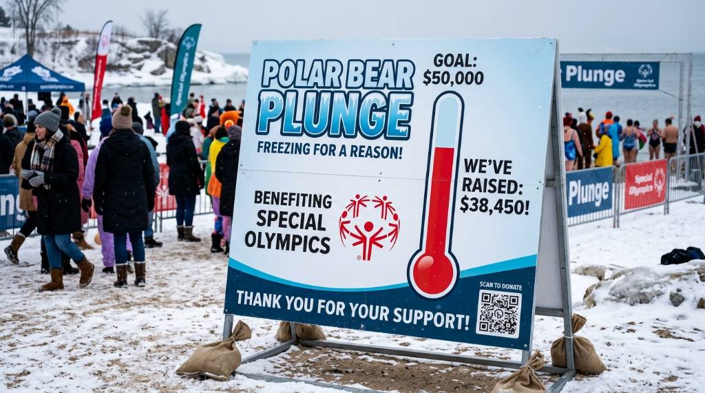 Fundraising sign at a Polar Bear Plunge event showing Special Olympics logo and donation goal
