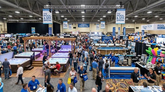 Crowded exhibit hall at the Atlantic City Convention Center during a pool and spa trade show