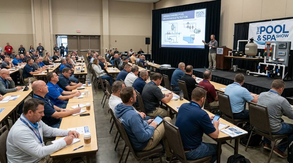 Industry professionals attending a technical class at the pool and spa show